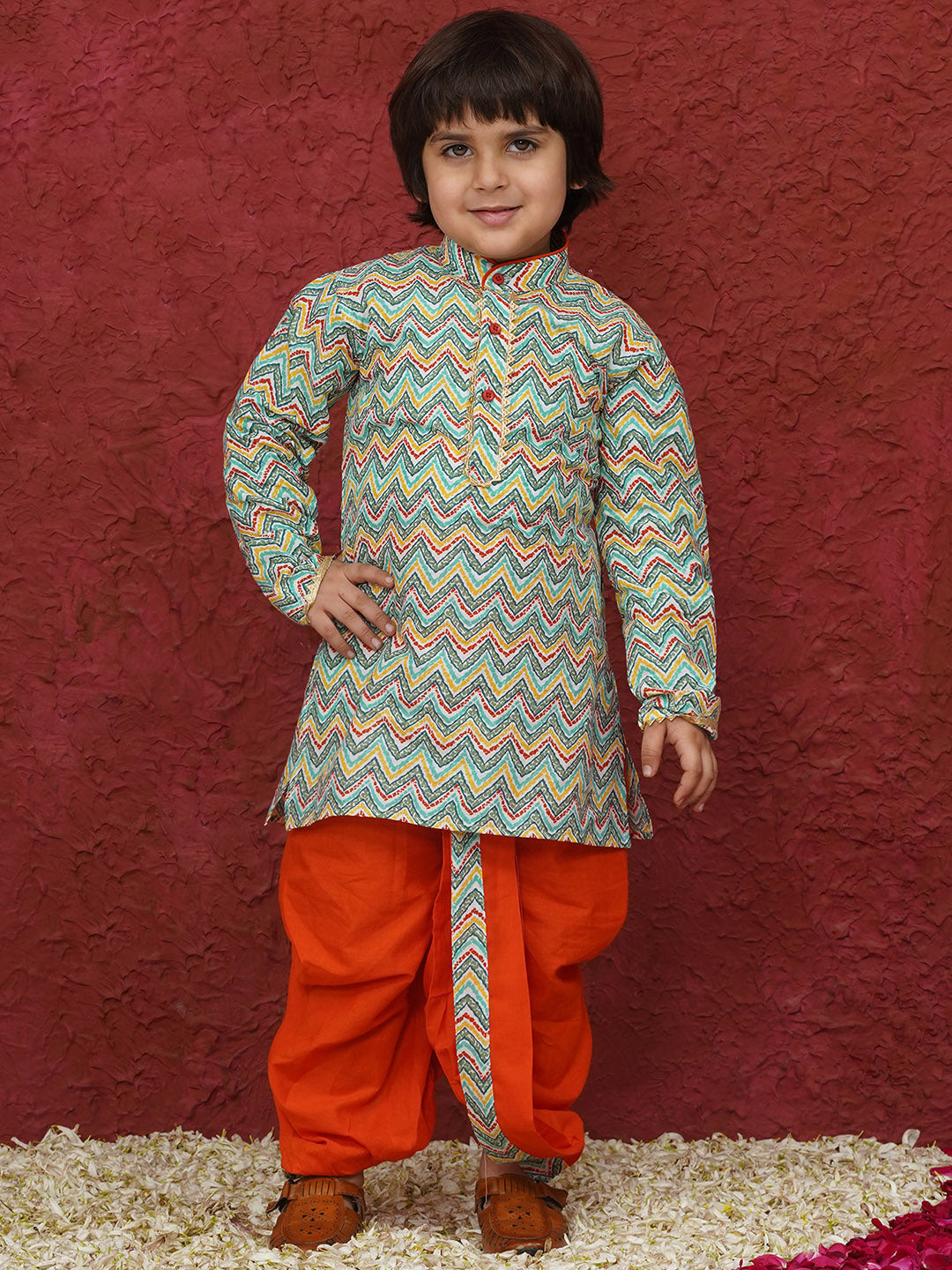 Orange Cotton Full sleeves Zig-zag print Dhoti Kurta for Boys - AJ Dezines