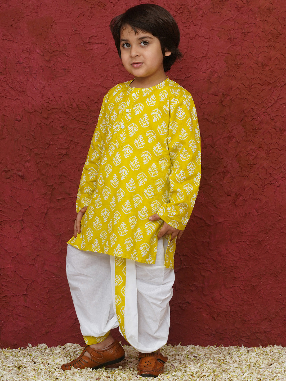Yellow Cotton Full sleeves Floral Print Dhoti Kurta for Boys - AJ Dezines