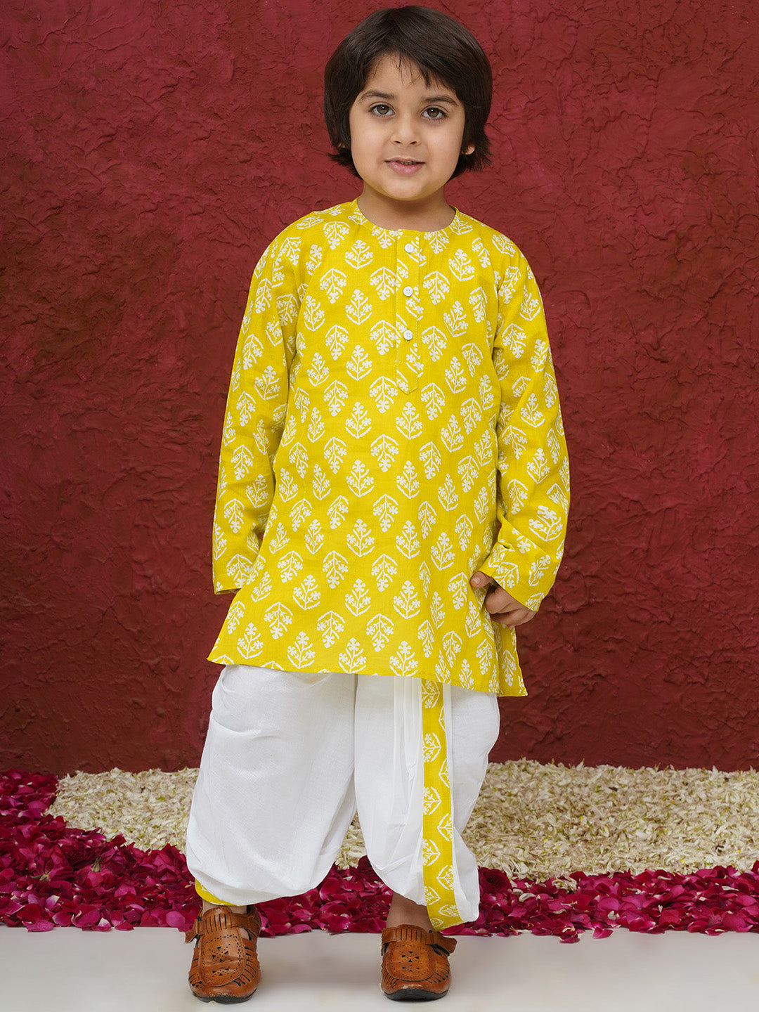 Yellow Cotton Full sleeves Floral Print Dhoti Kurta for Boys - AJ Dezines