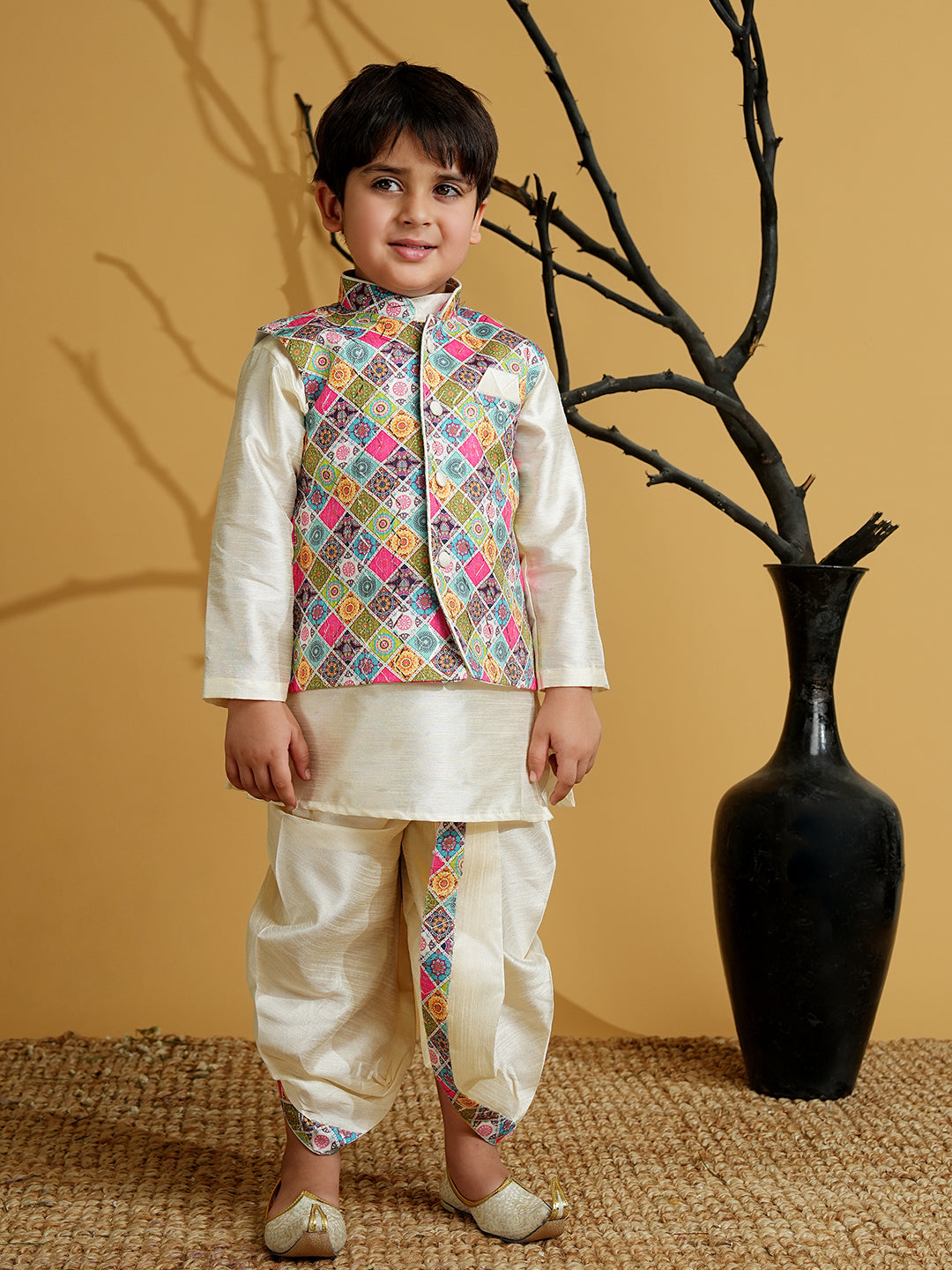 Multi Color Silk Blend Full Sleeves Embroidered Dhoti Set