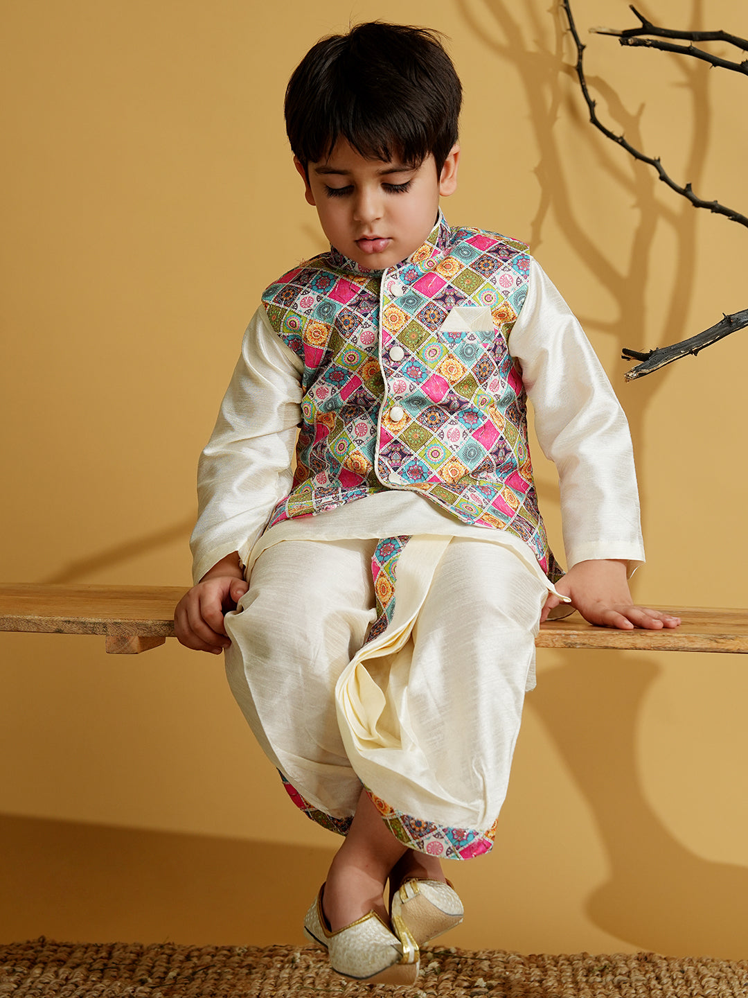 Multi Color Silk Blend Full Sleeves Embroidered Dhoti Set