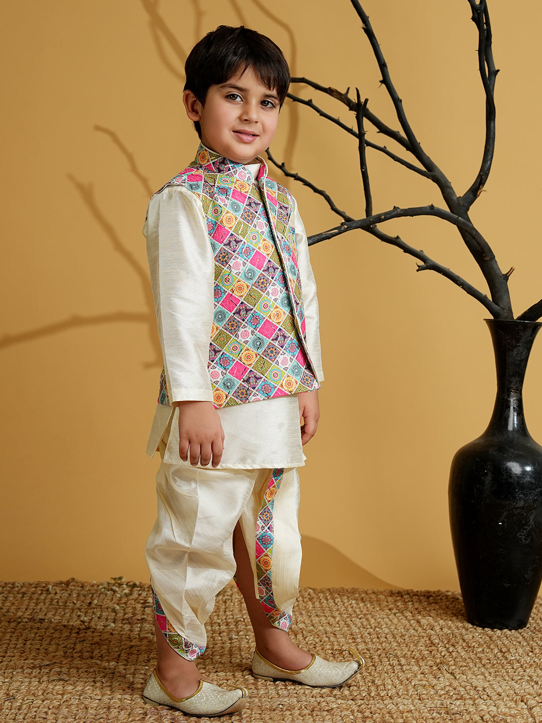 Multi Color Silk Blend Full Sleeves Embroidered Dhoti Set