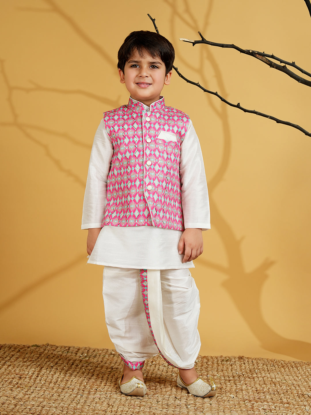 Pink Silk Blend Full Sleeves Embroidered Dhoti Set