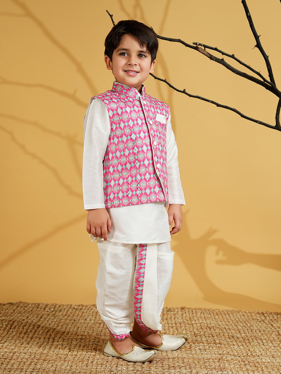 Pink Silk Blend Full Sleeves Embroidered Dhoti Set