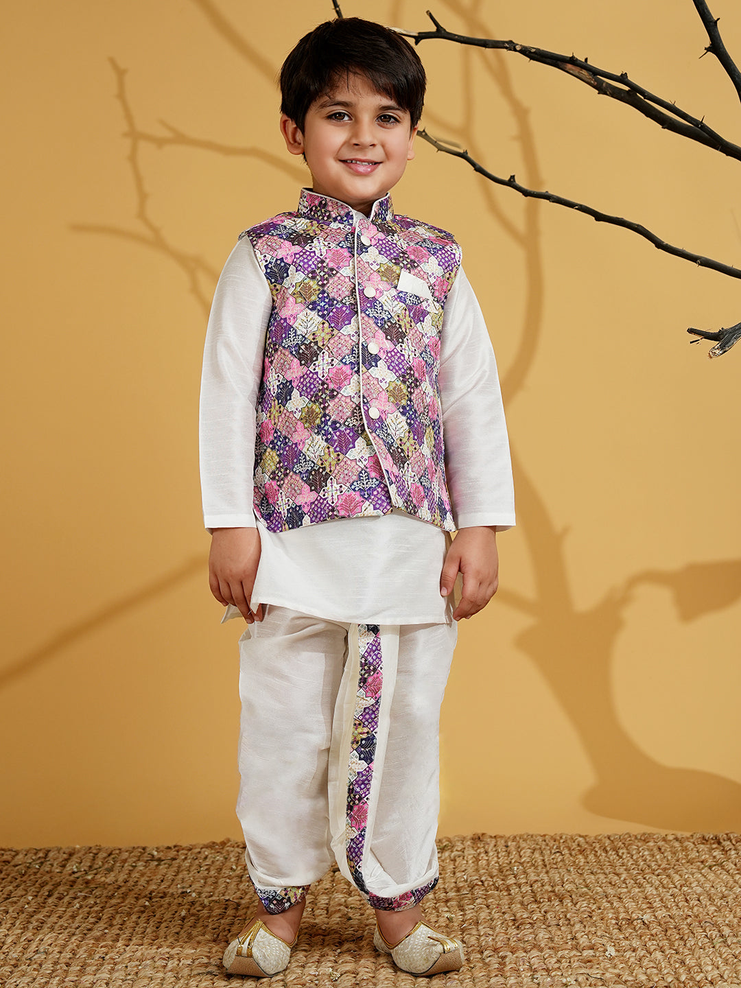 Purple Silk Blend Full Sleeves Embroidered Dhoti Set