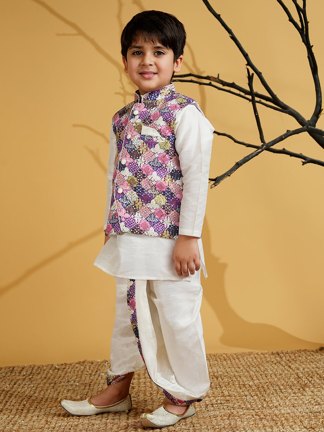 Purple Silk Blend Full Sleeves Embroidered Dhoti Set