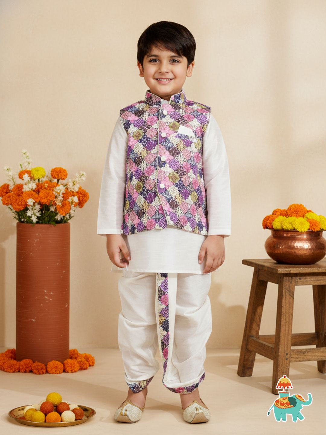 Purple Silk Blend Full Sleeves Embroidered Dhoti Set