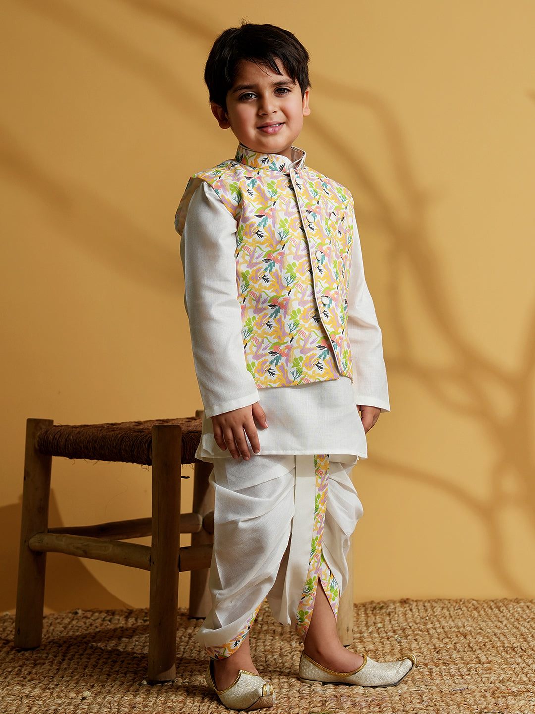 Yellow Cotton Full Sleeves Printed Dhoti Set - AJ Dezines
