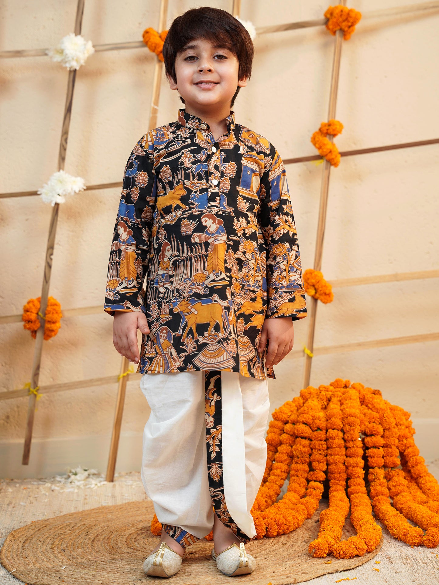 Boys Black Cotton Full Sleeves Abstract Printed Dhoti Set