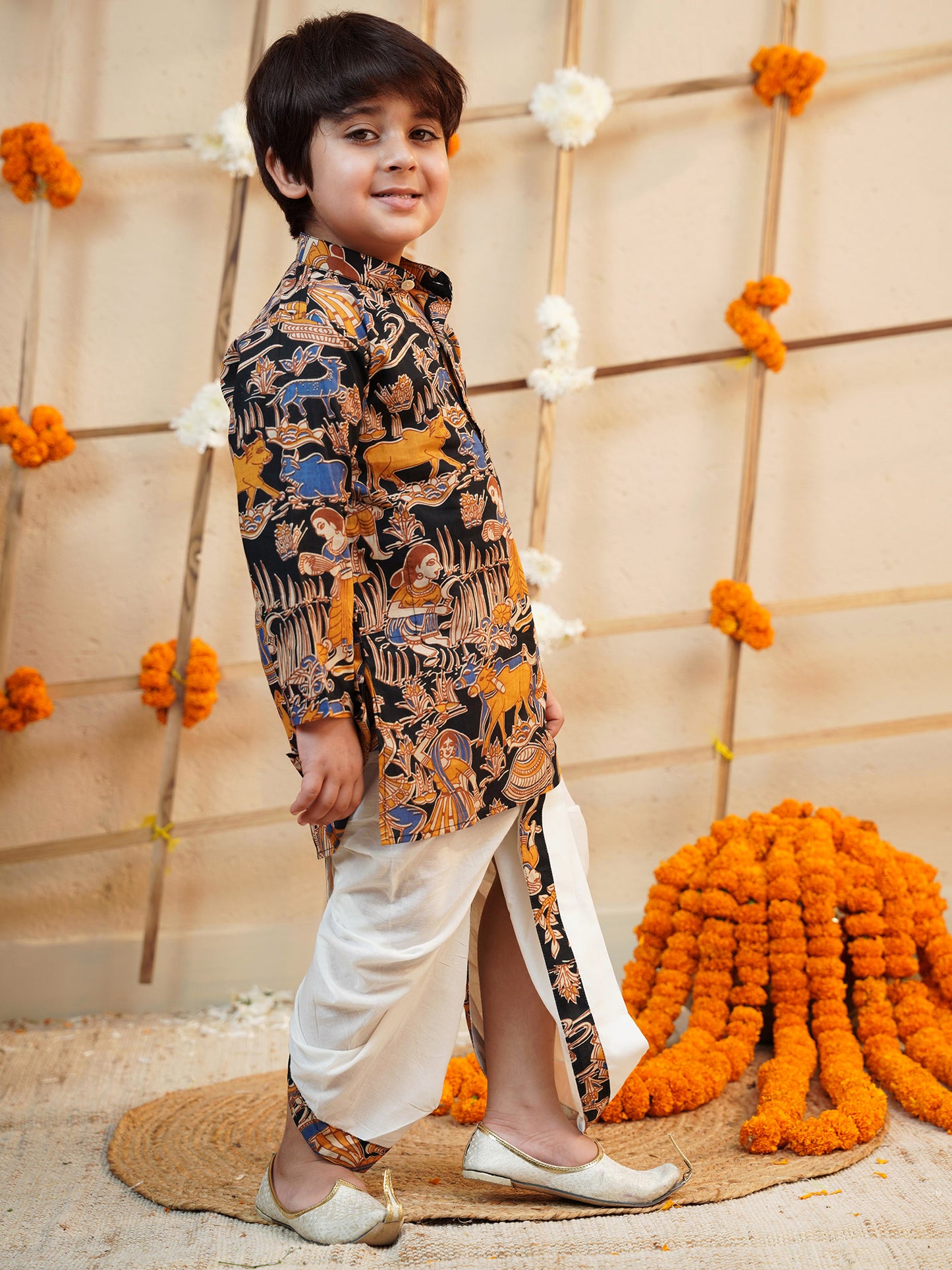 Boys Black Cotton Full Sleeves Abstract Printed Dhoti Set