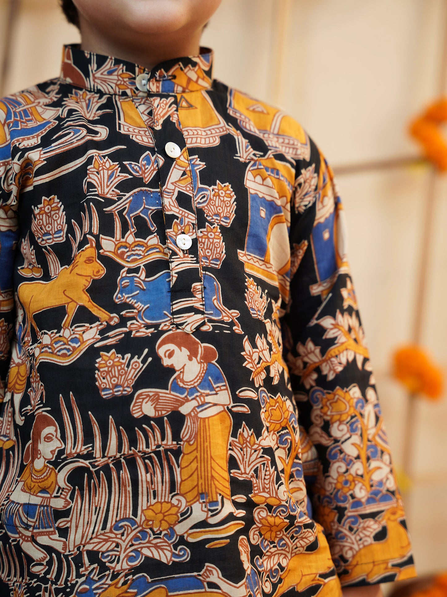 Boys Black Cotton Full Sleeves Abstract Printed Dhoti Set