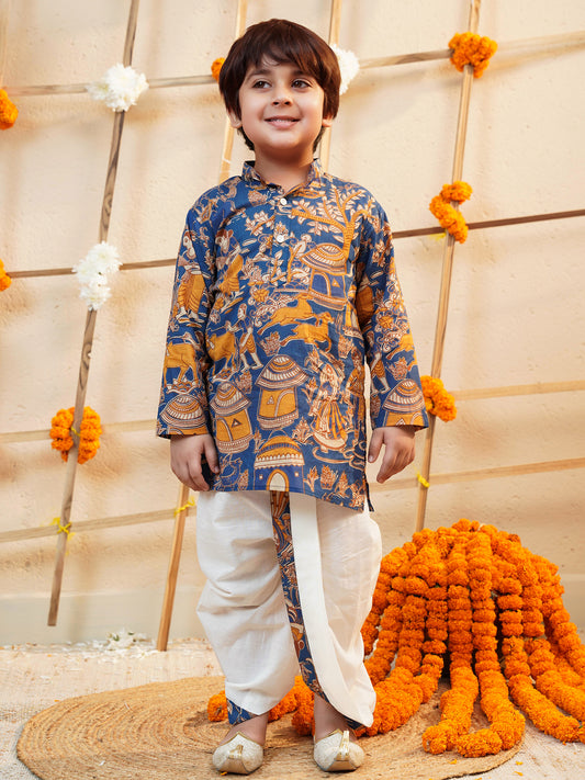 Boys Orange Cotton Full Sleeves Abstract Printed Dhoti Set