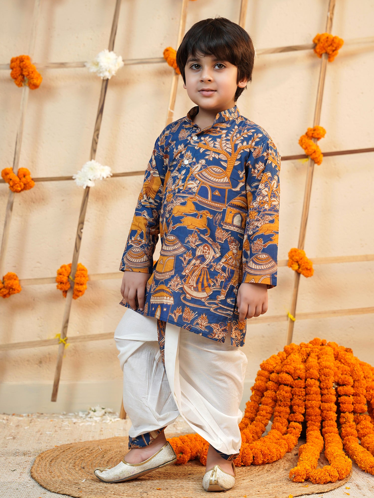 Boys Blue Cotton Full Sleeves Abstract Printed Dhoti Set - AJ Dezines