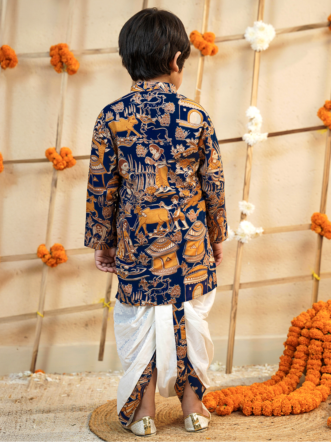 AJ Dezines Navy-Blue Cotton Full Sleeves Abstract Printed Dhoti Set