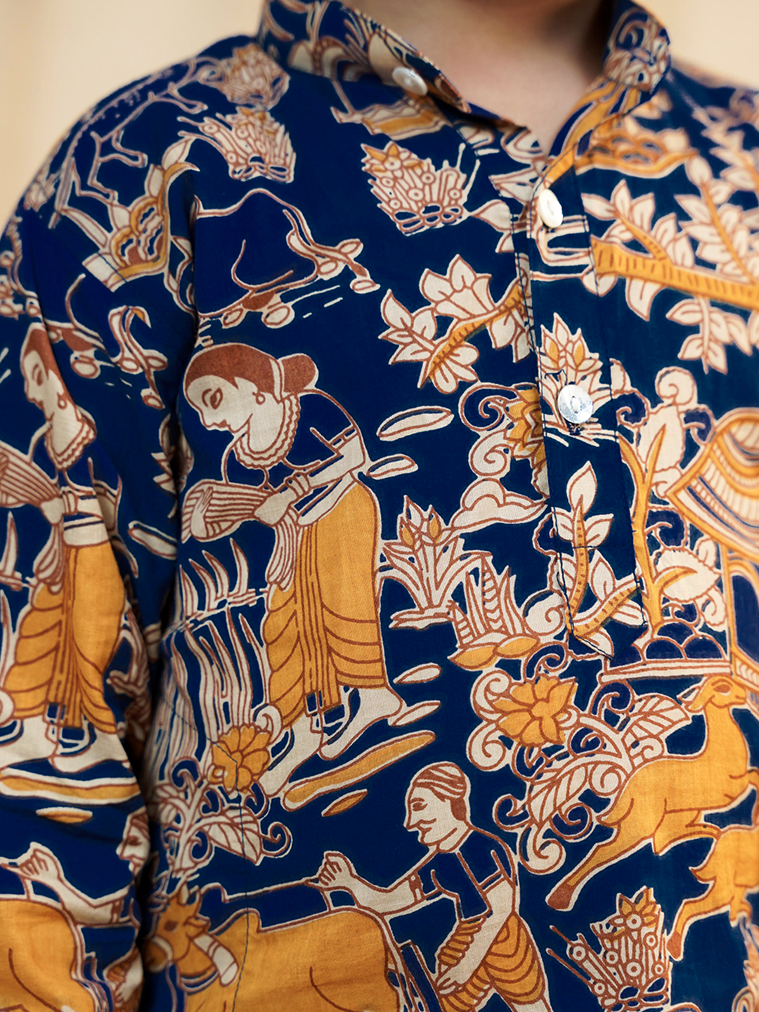 Navy-Blue Cotton Full Sleeves Abstract Printed Dhoti Set for Boys