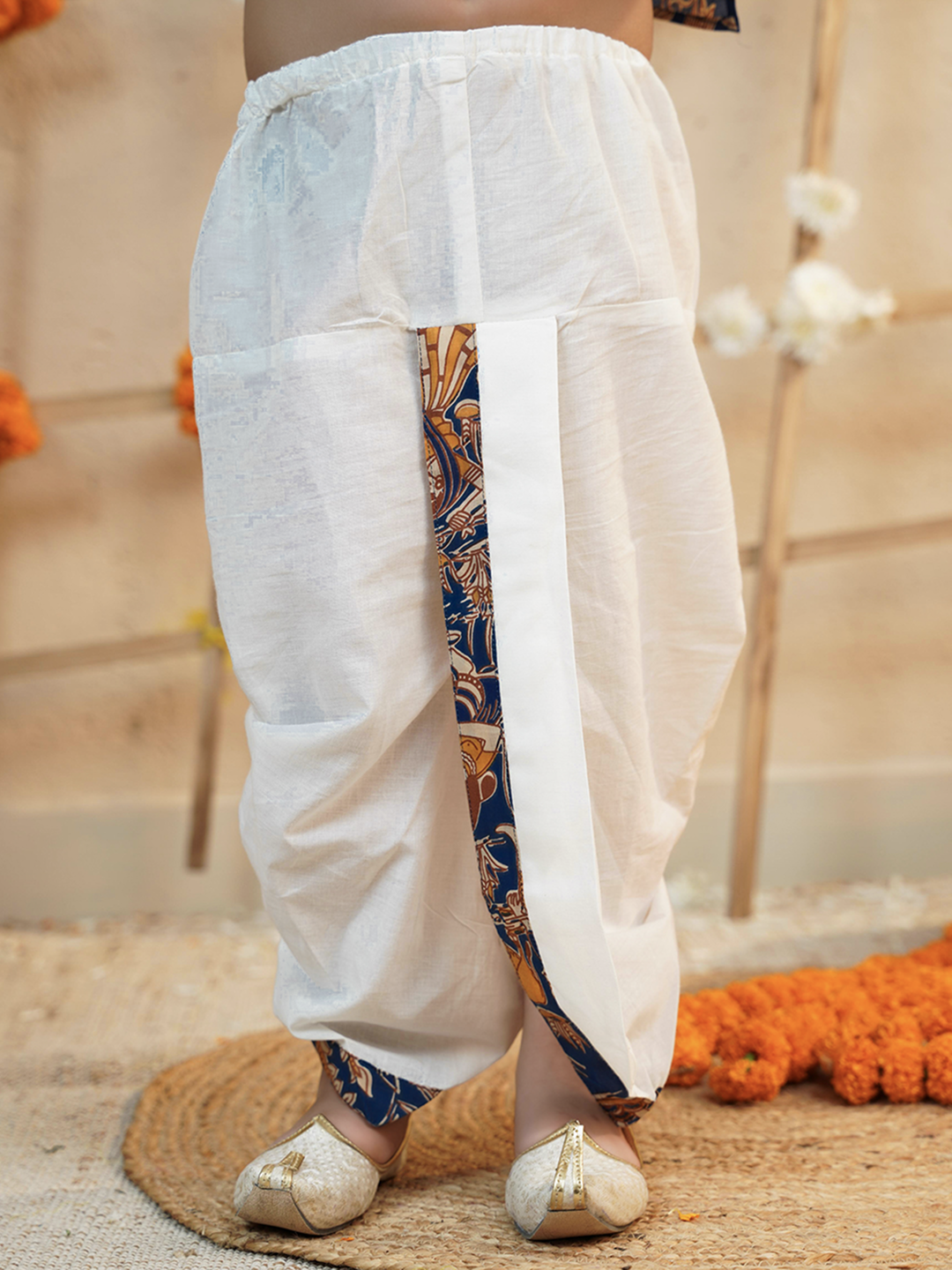 Navy-Blue Cotton Full Sleeves Abstract Printed Dhoti Set for Boys