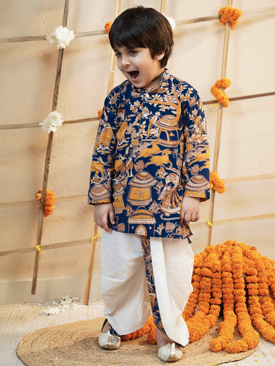 Navy-Blue Cotton Full Sleeves Abstract Printed Dhoti Set for Boys