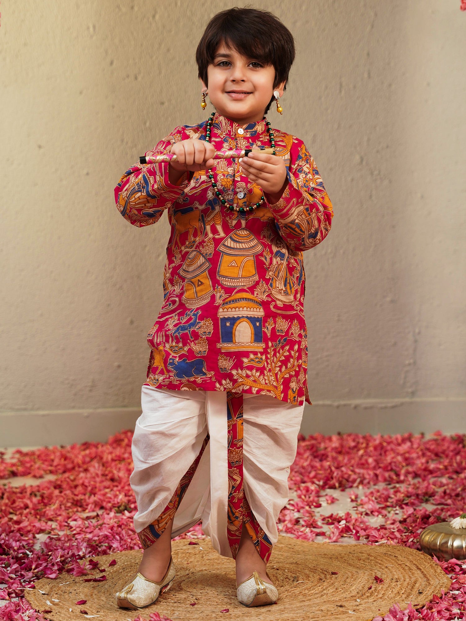 Pink Cotton Full Sleeves Abstract Printed Dhoti Set