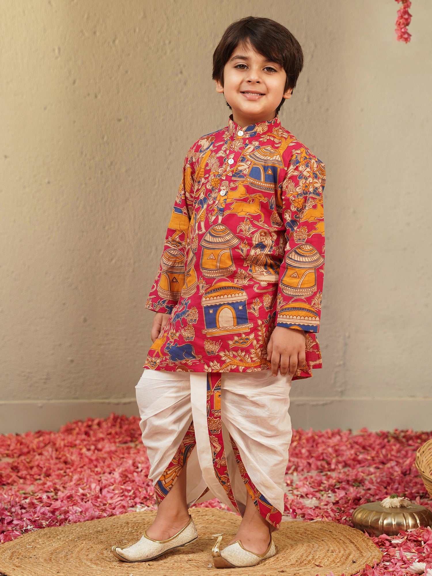 Pink Cotton Full Sleeves Abstract Printed Dhoti Set