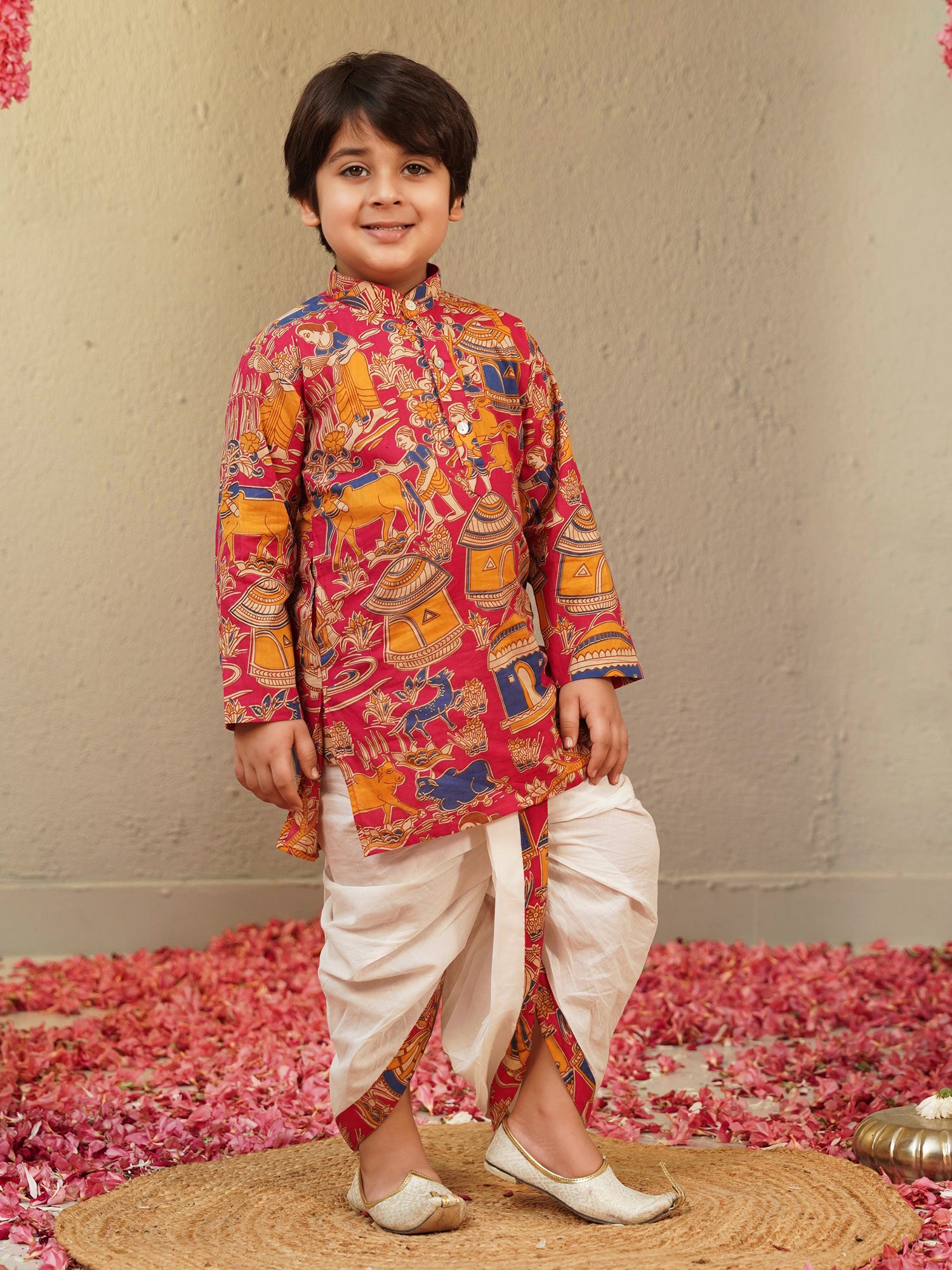 Pink Cotton Full Sleeves Abstract Printed Dhoti Set