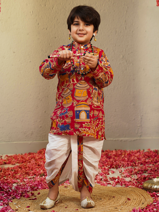 Red Cotton Full Sleeves Abstract Printed Dhoti Set for Boys