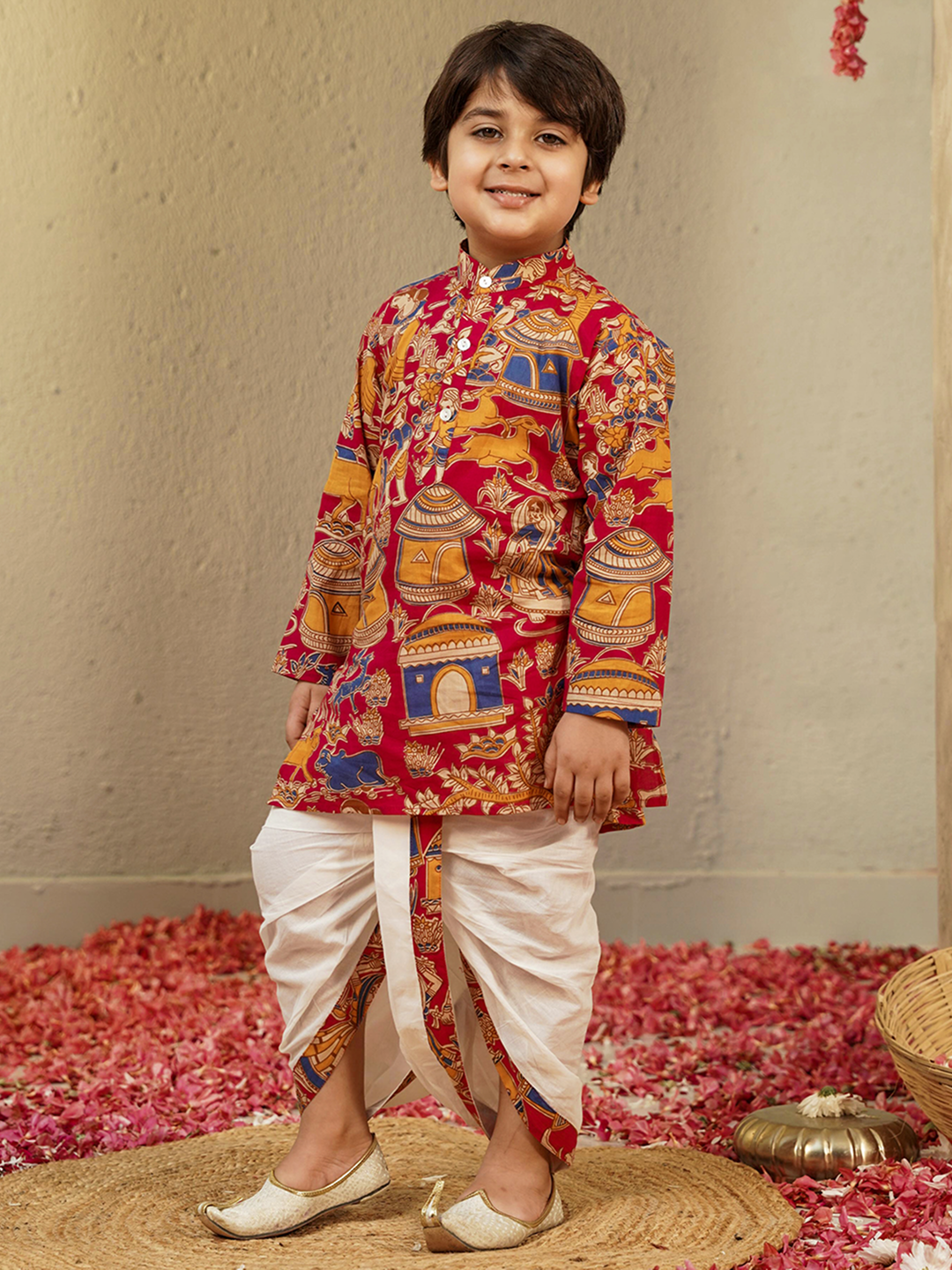 AJ Dezines Red Cotton Full Sleeves Abstract Printed Dhoti Set