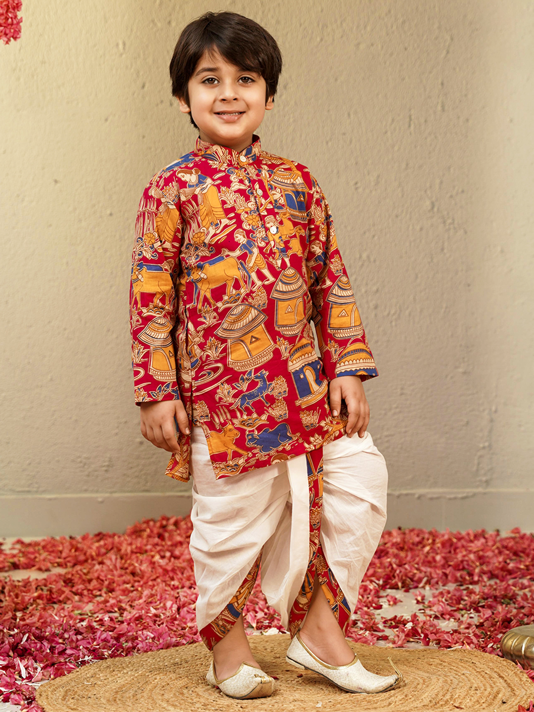 Red Cotton Full Sleeves Abstract Printed Dhoti Set for Boys