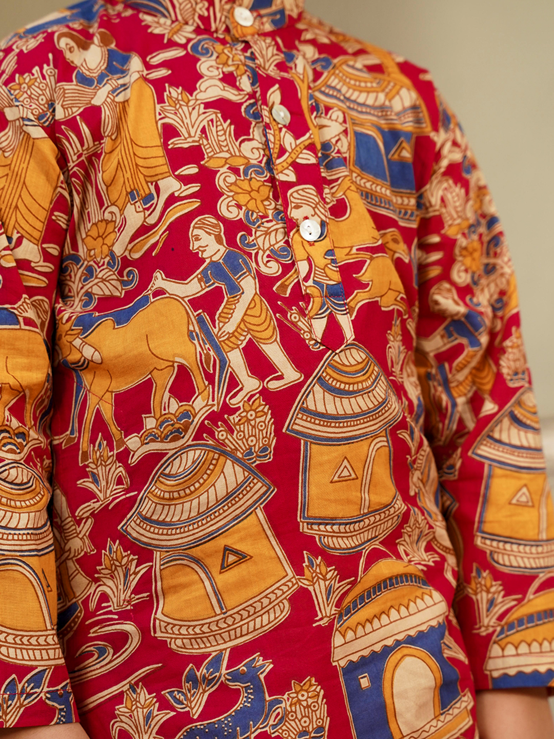 AJ Dezines Red Cotton Full Sleeves Abstract Printed Dhoti Set