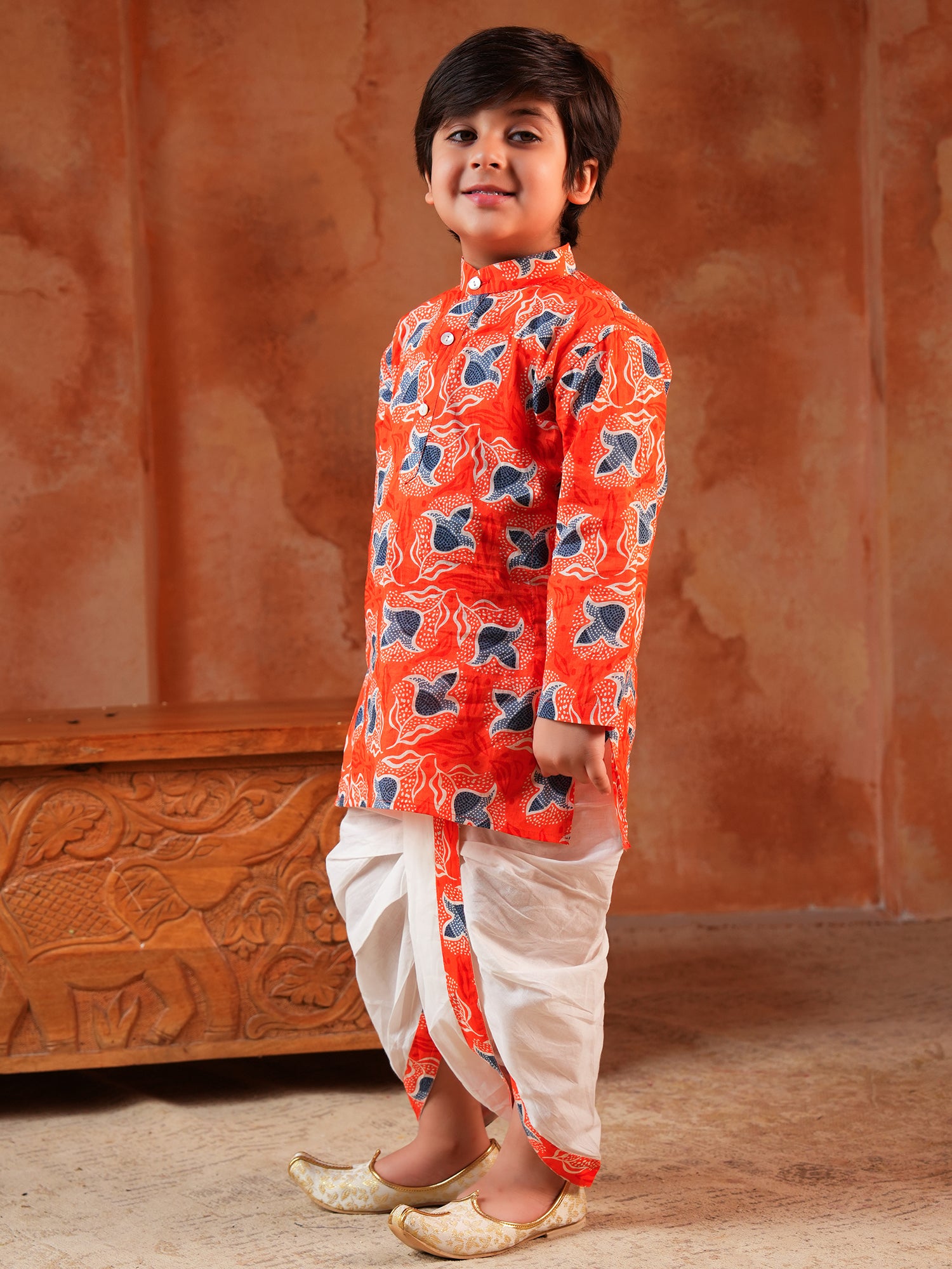 Boys Orange Cotton Full Sleeves Floral Printed Dhoti Set - AJ Dezines