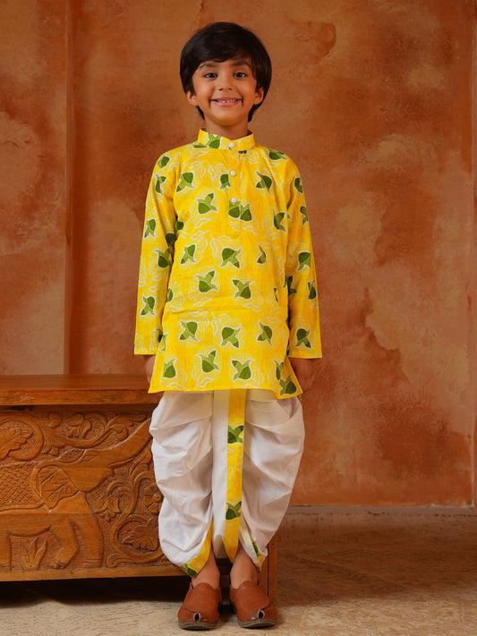 AJ Dezines Yellow Cotton Full Sleeves Floral Printed Dhoti Set