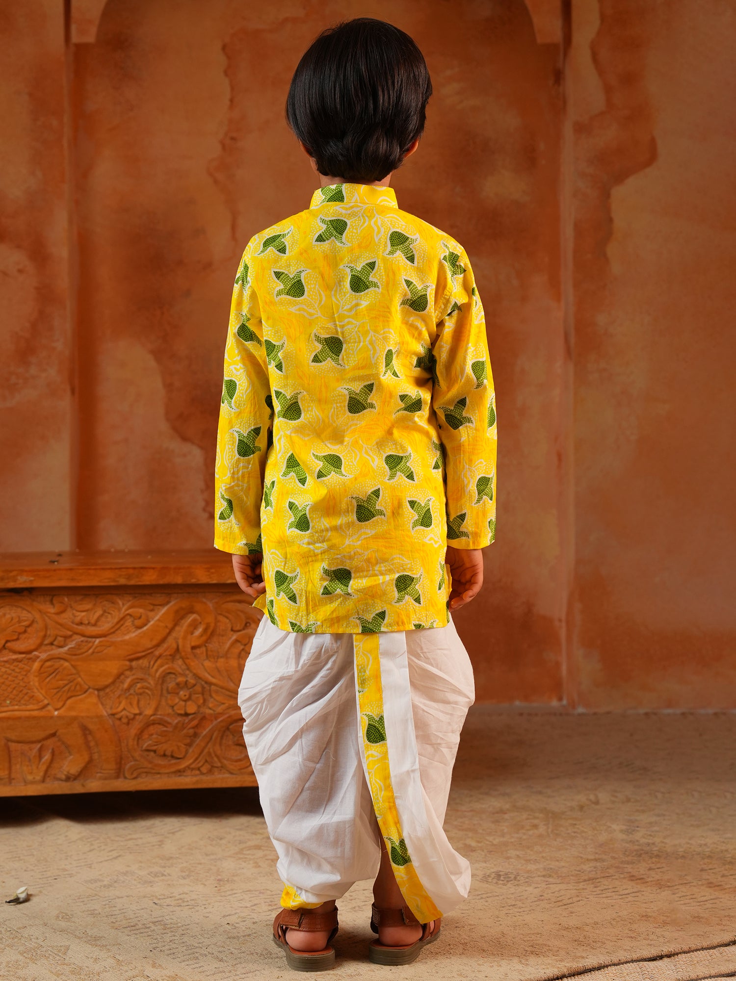 Yellow Cotton Full Sleeves Floral Printed Dhoti Set