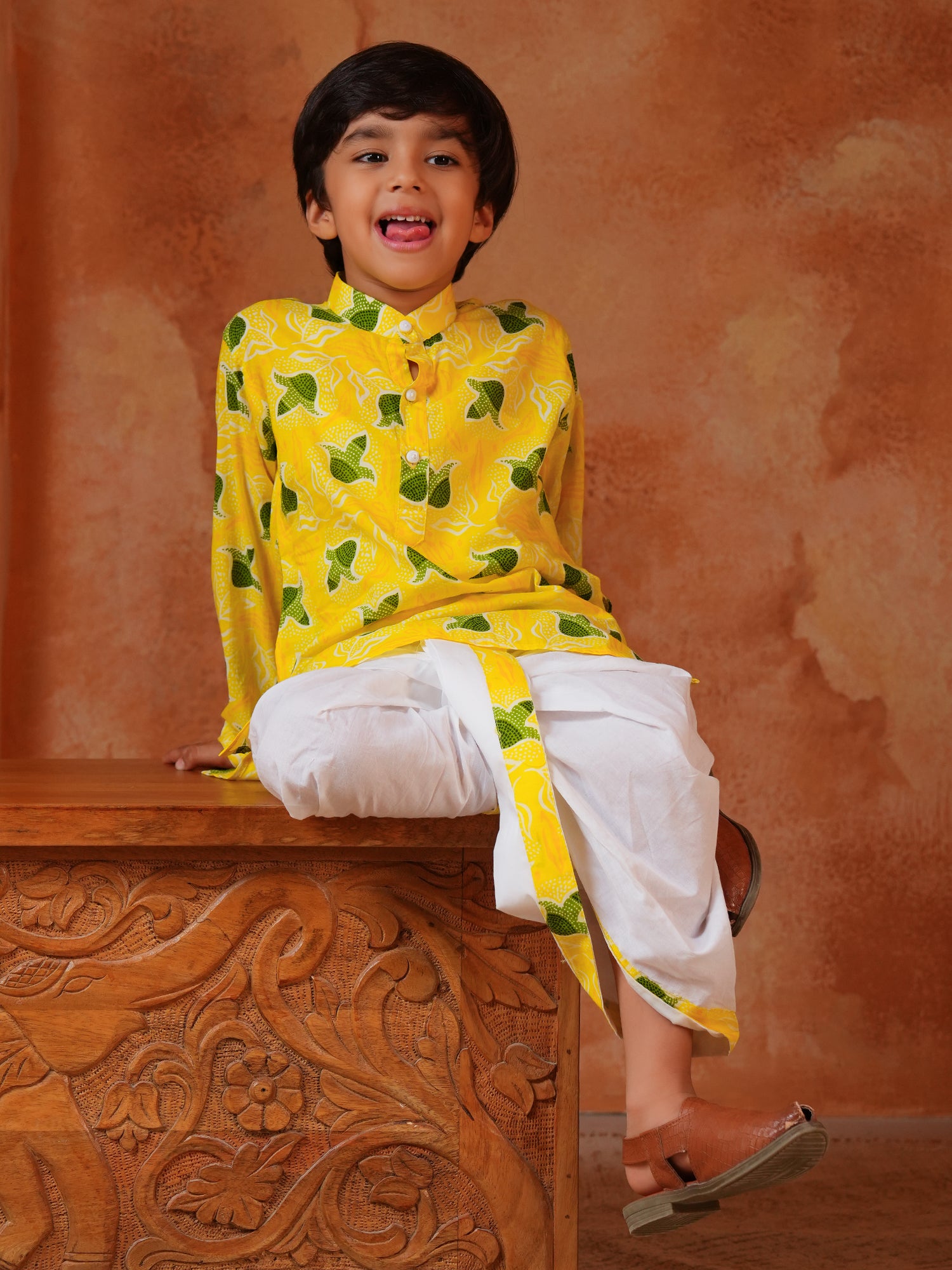 Yellow Cotton Full Sleeves Floral Printed Dhoti Set