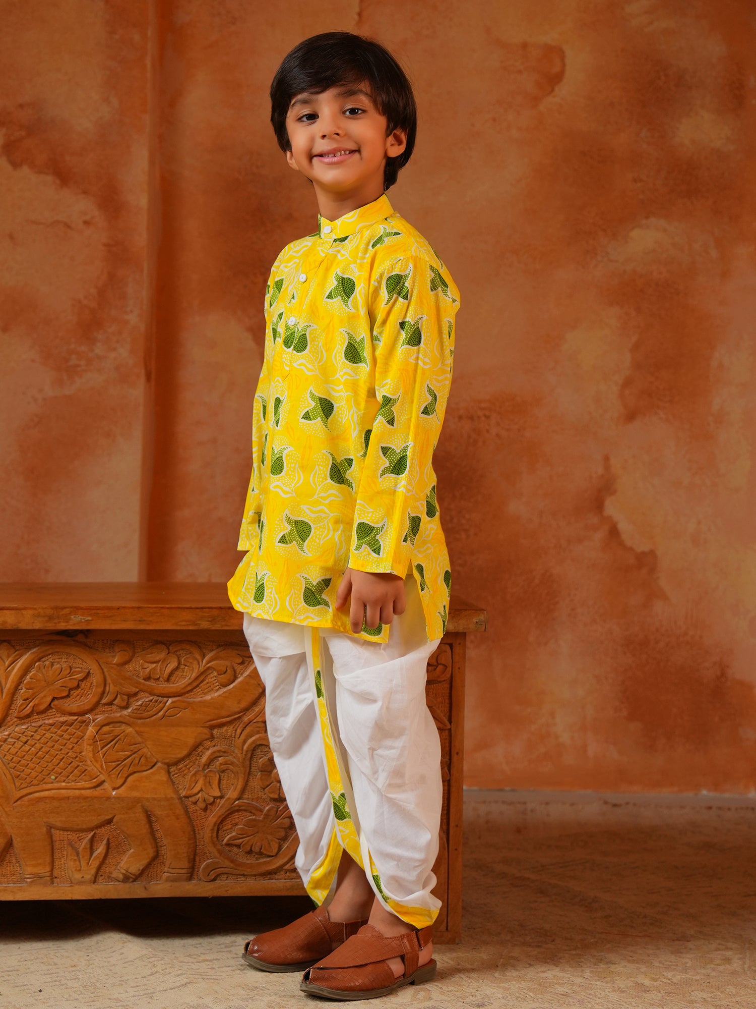 Yellow Cotton Full Sleeves Floral Printed Dhoti Set