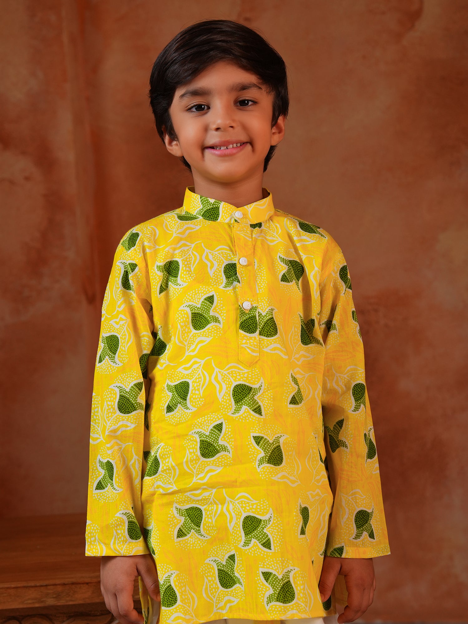 Yellow Cotton Full Sleeves Floral Printed Dhoti Set