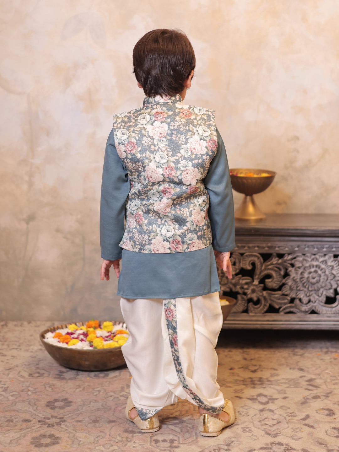 AJ Dezines Grey Cotton Full Sleeves Floral Printed Dhoti Set