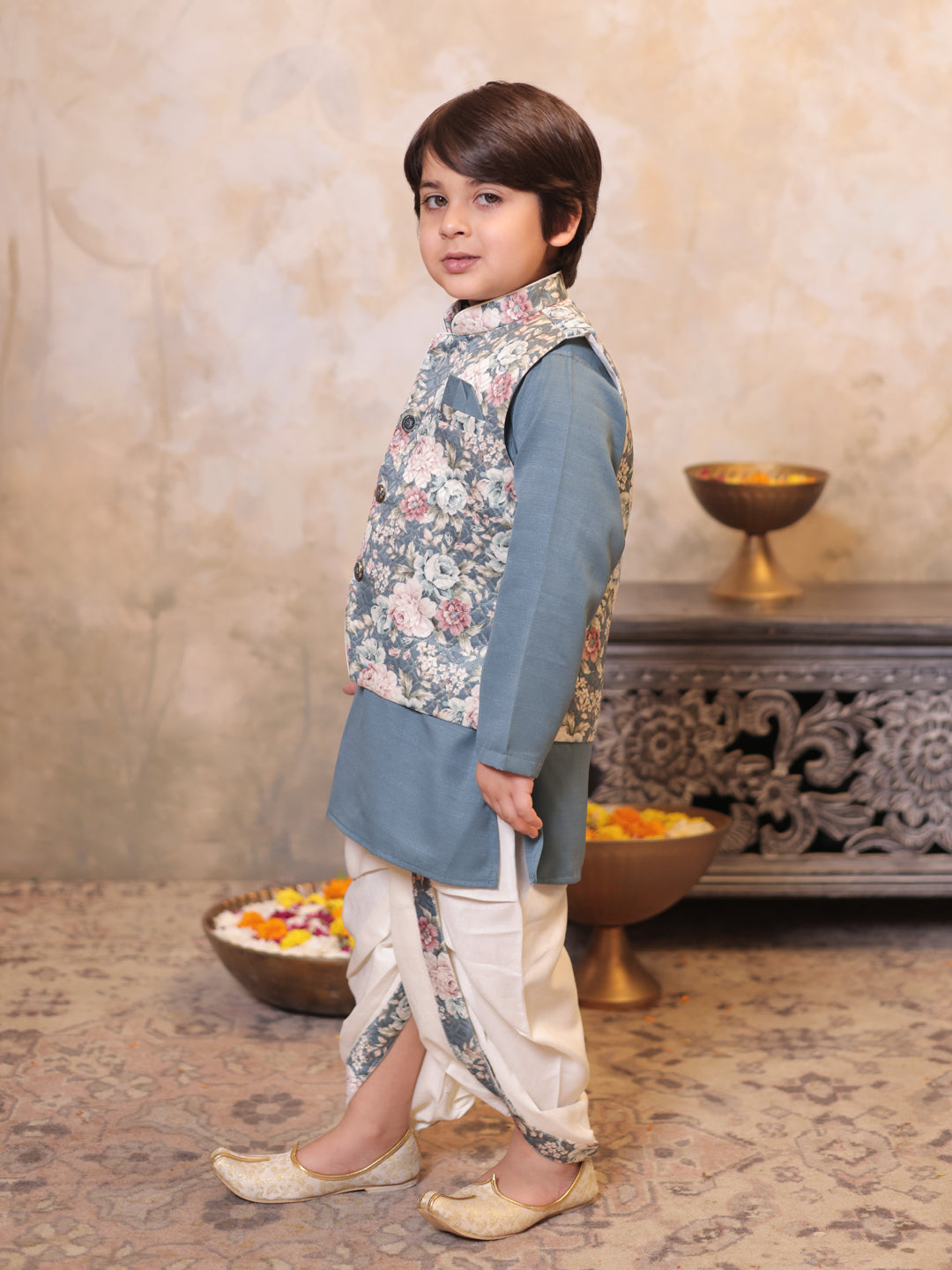 AJ Dezines Grey Cotton Full Sleeves Floral Printed Dhoti Set