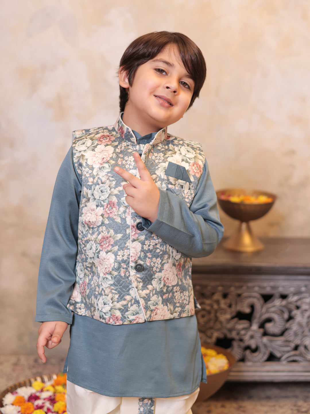 AJ Dezines Grey Cotton Full Sleeves Floral Printed Dhoti Set