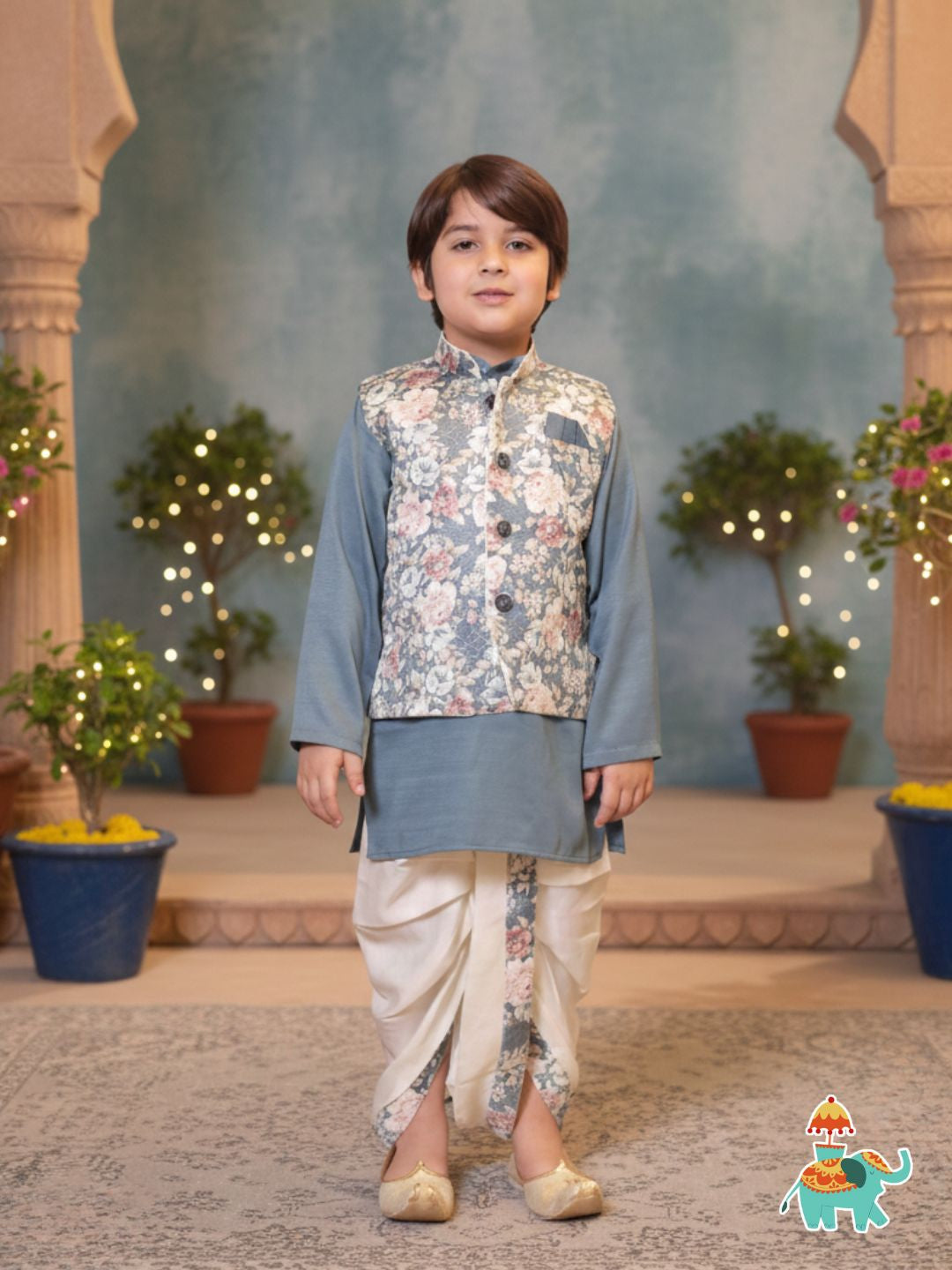 AJ Dezines Grey Cotton Full Sleeves Floral Printed Dhoti Set