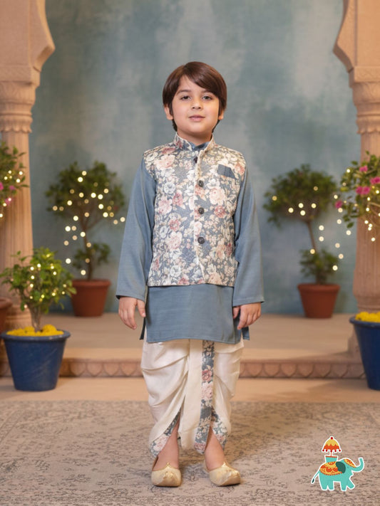 AJ Dezines Grey Cotton Full Sleeves Floral Printed Dhoti Set