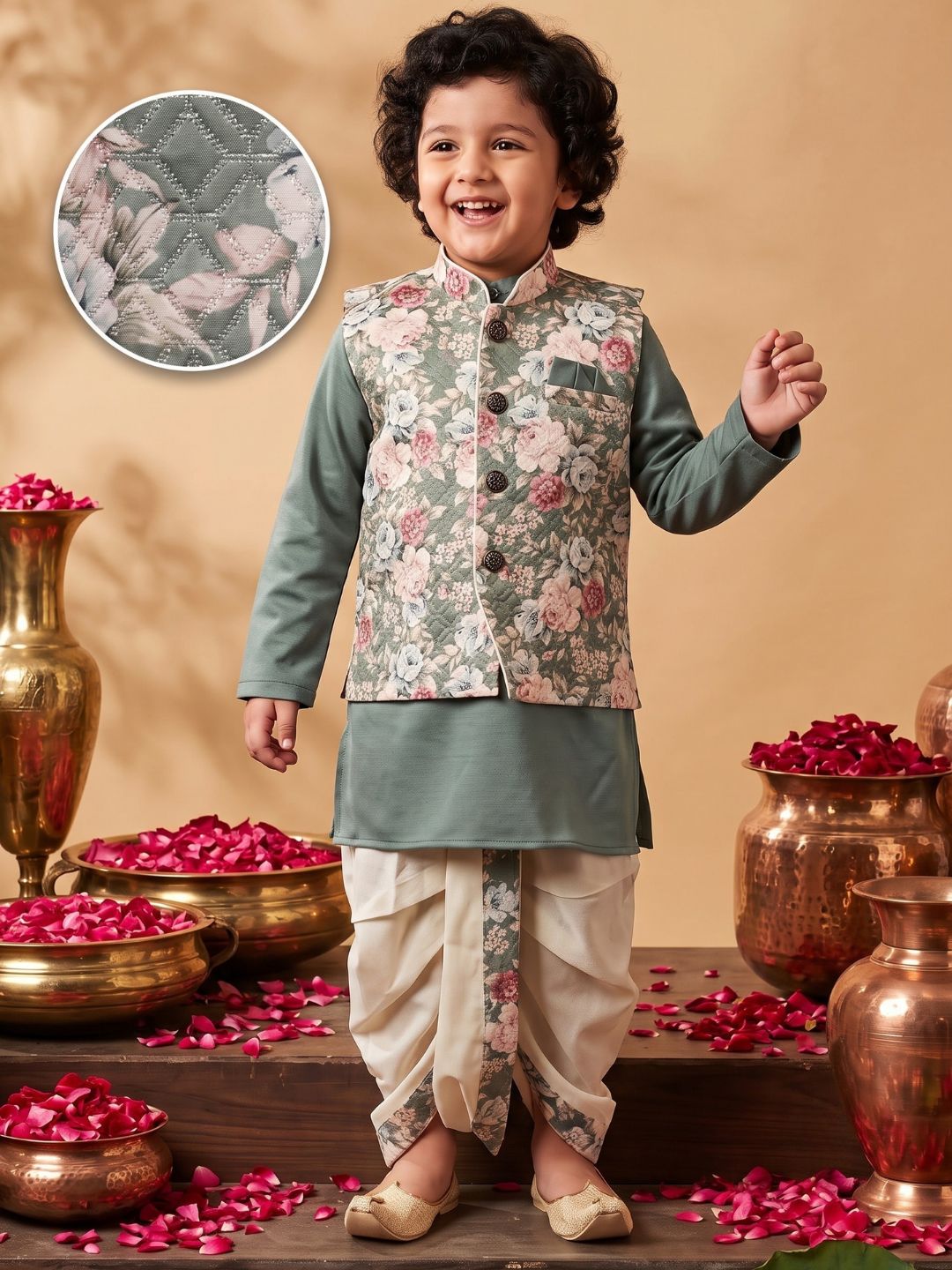 Green Cotton Full Sleeves Floral Printed Dhoti Set
