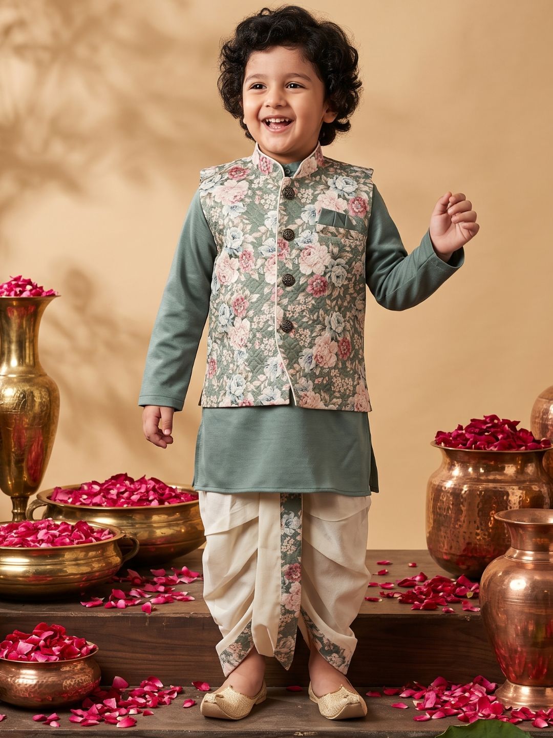 Green Cotton Full Sleeves Floral Printed Dhoti Set