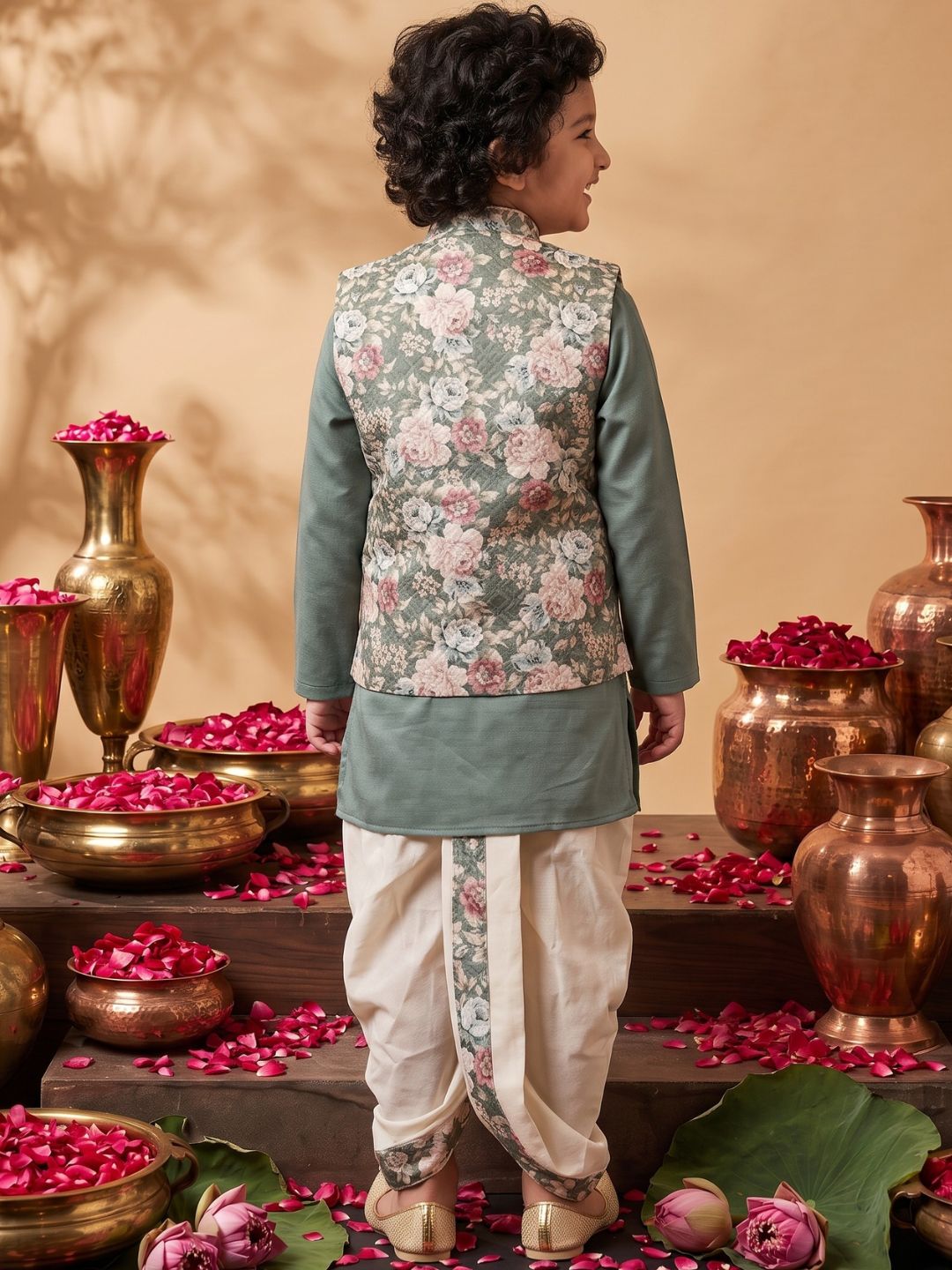 Green Cotton Full Sleeves Floral Printed Dhoti Set
