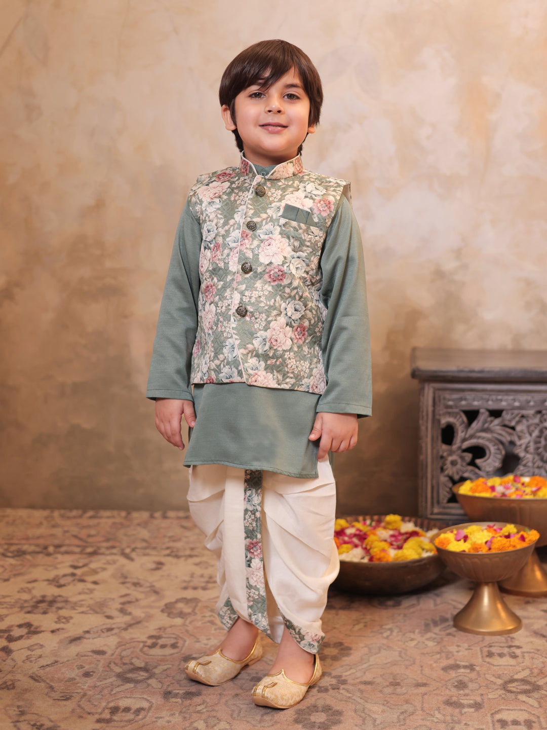 AJ Dezines Green Cotton Full Sleeves Floral Printed Dhoti Set