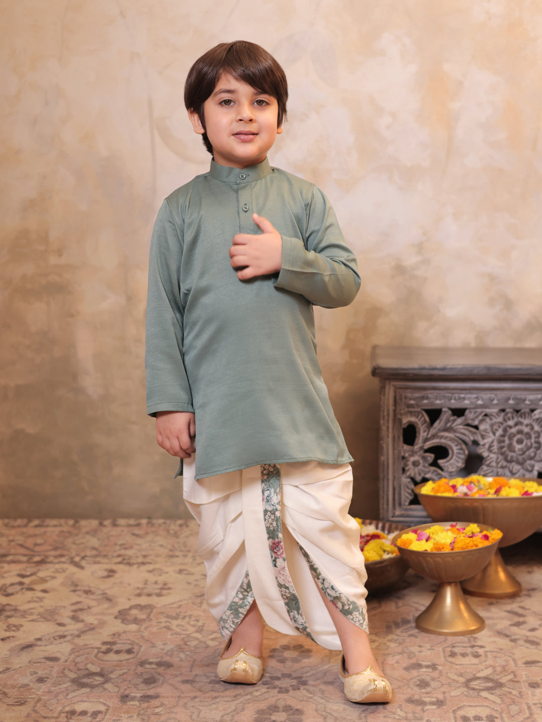 Green Cotton Full Sleeves Floral Printed Dhoti Set