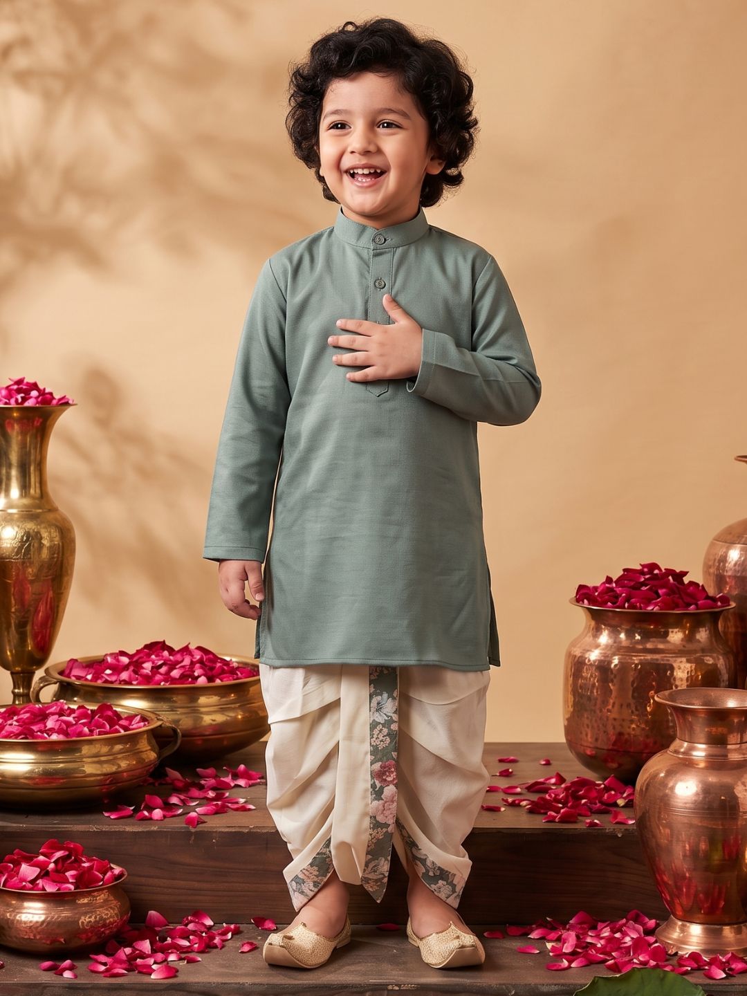 Green Cotton Full Sleeves Floral Printed Dhoti Set