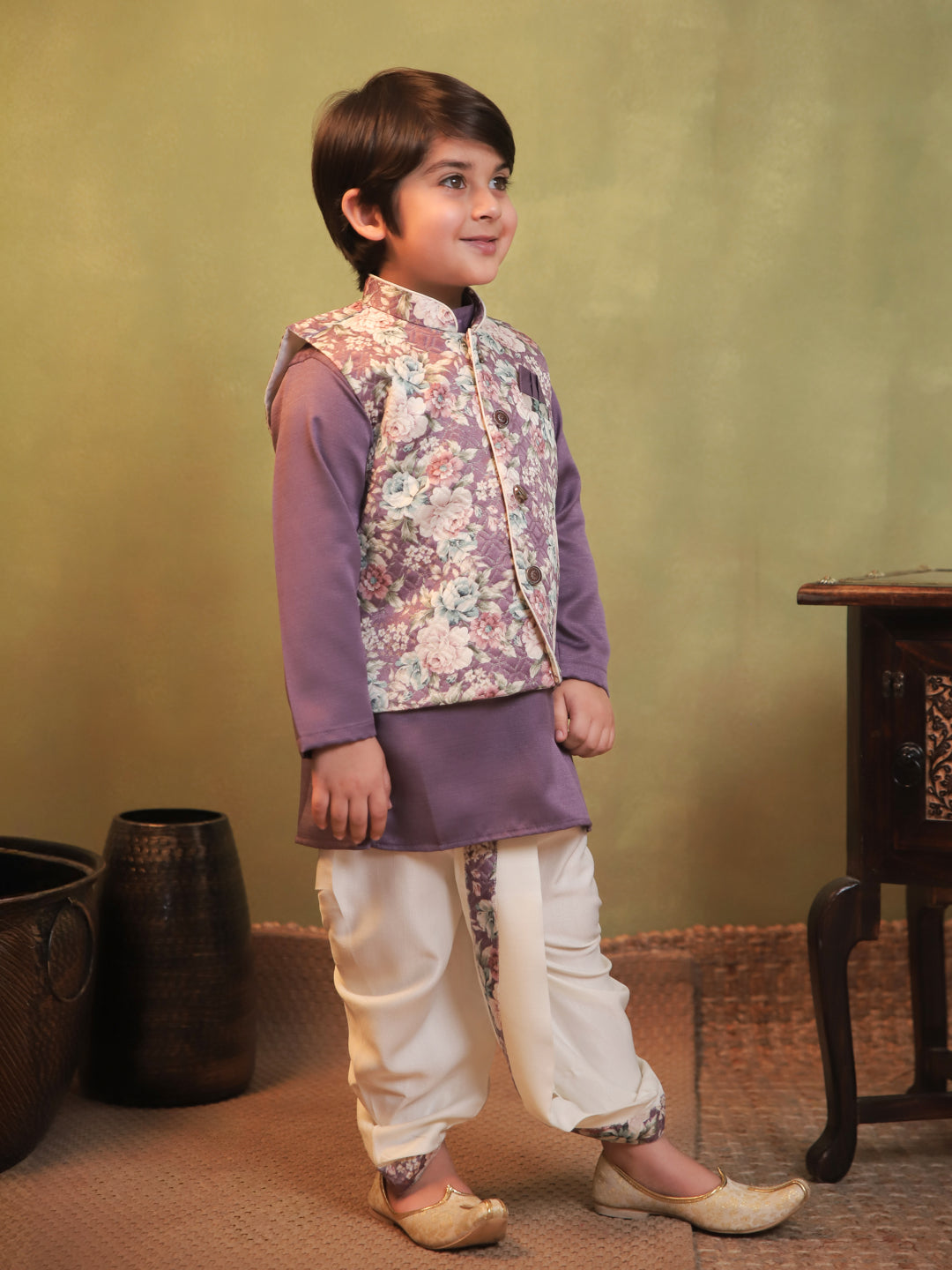 Purple Cotton Full Sleeves Floral Printed Dhoti Set