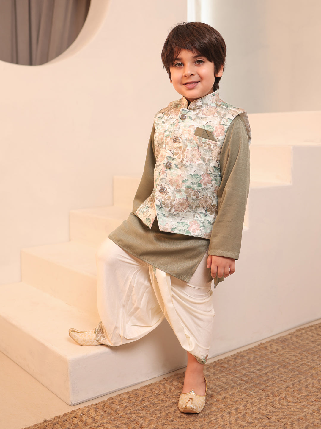 Green Cotton Full Sleeves Floral Printed Dhoti Set