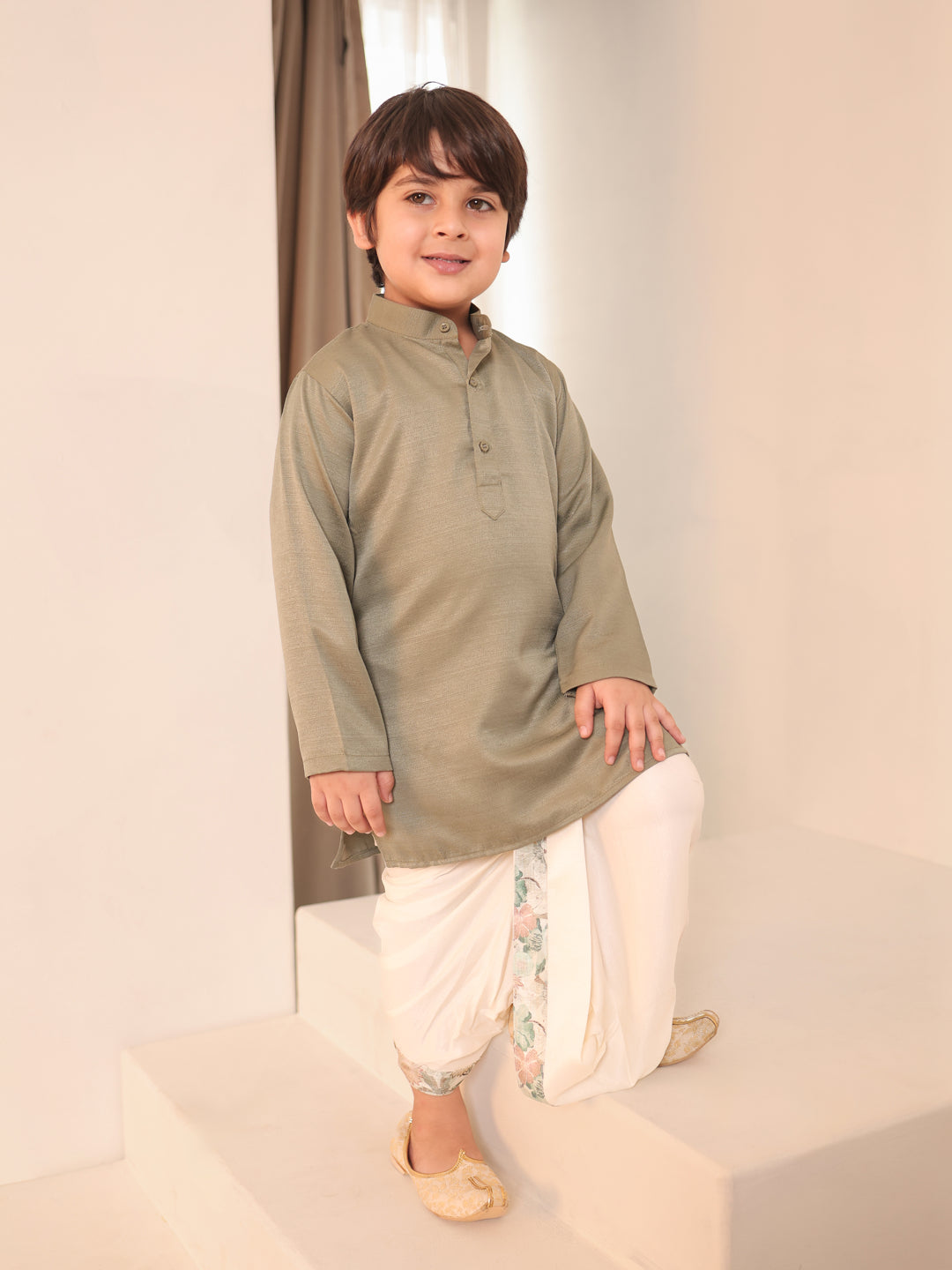 Green Cotton Full Sleeves Floral Printed Dhoti Set