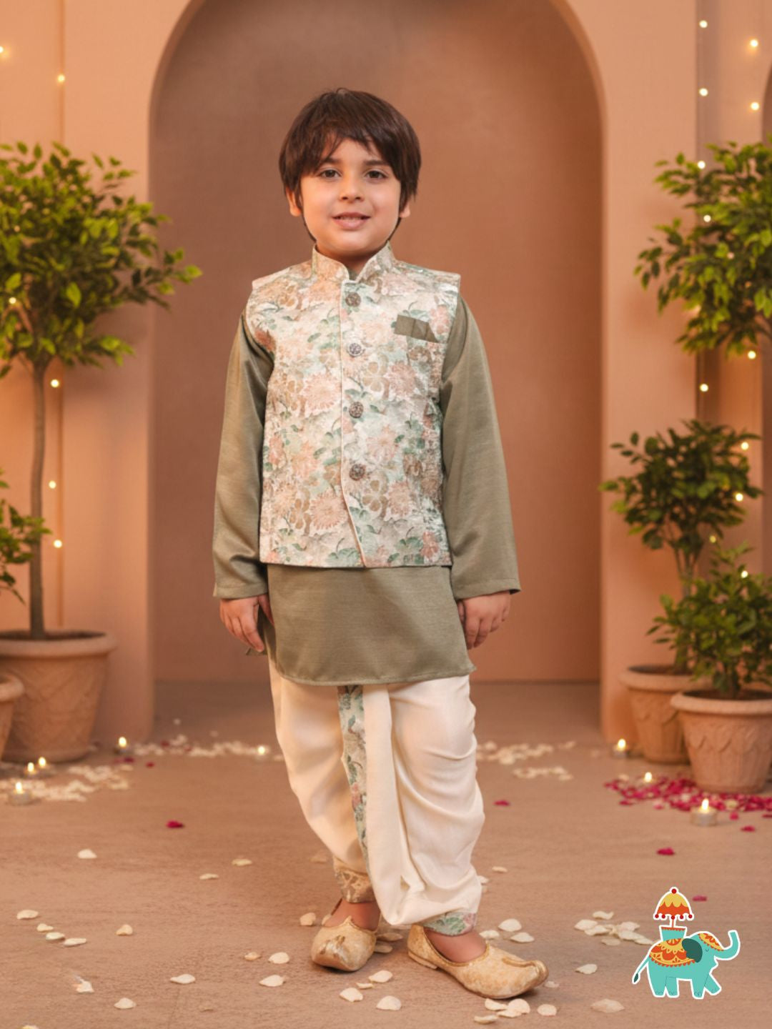 Green Cotton Full Sleeves Floral Printed Dhoti Set
