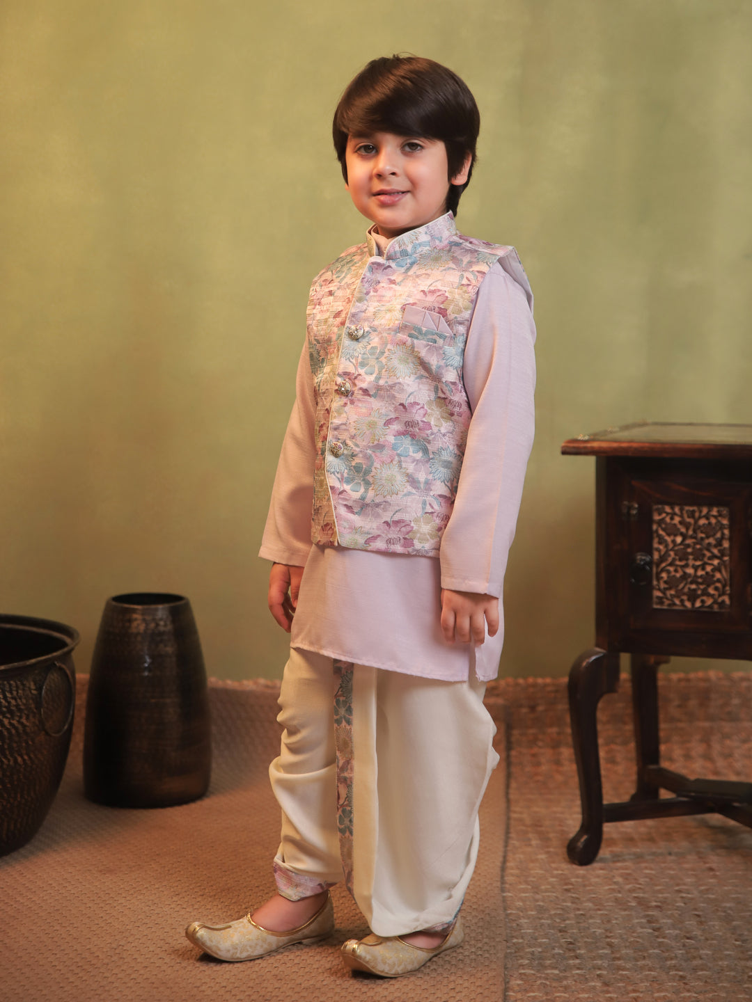 Pink Cotton Full Sleeves Floral Printed Dhoti Set